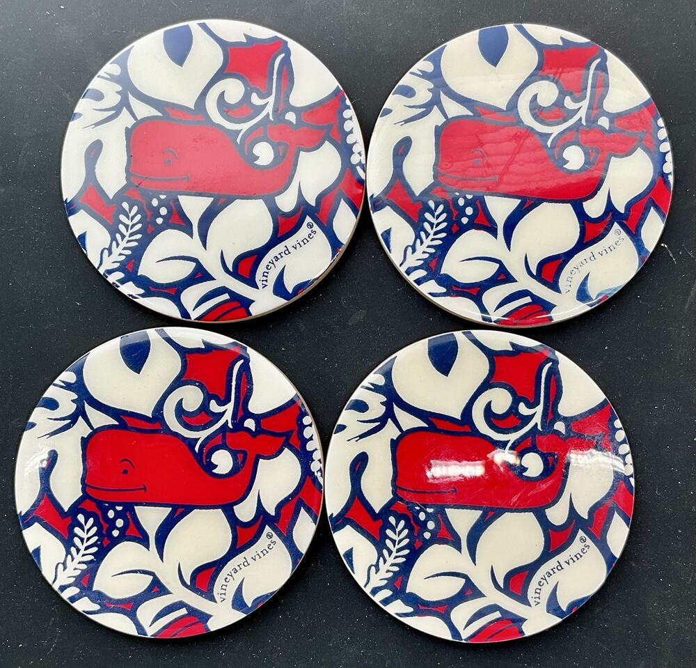 Vineyard Vines for Target Hibiscus Whale Wood & Enamel Drink Coasters Set of 4
